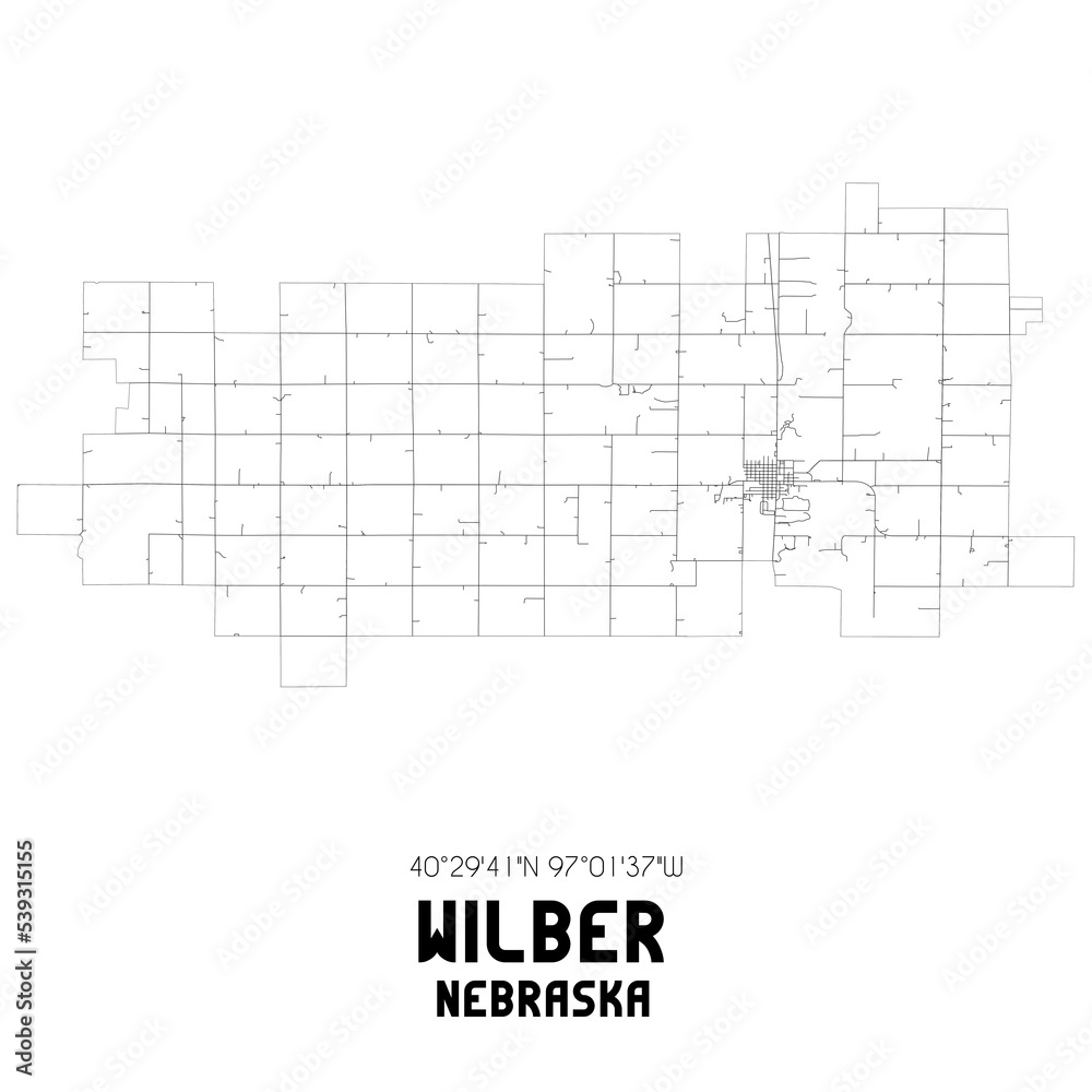 Wilber Nebraska. US street map with black and white lines.