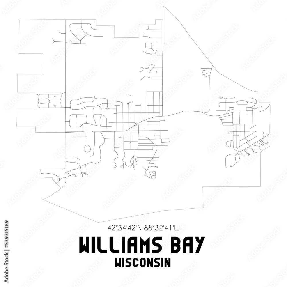 Williams Bay Wisconsin. US street map with black and white lines.