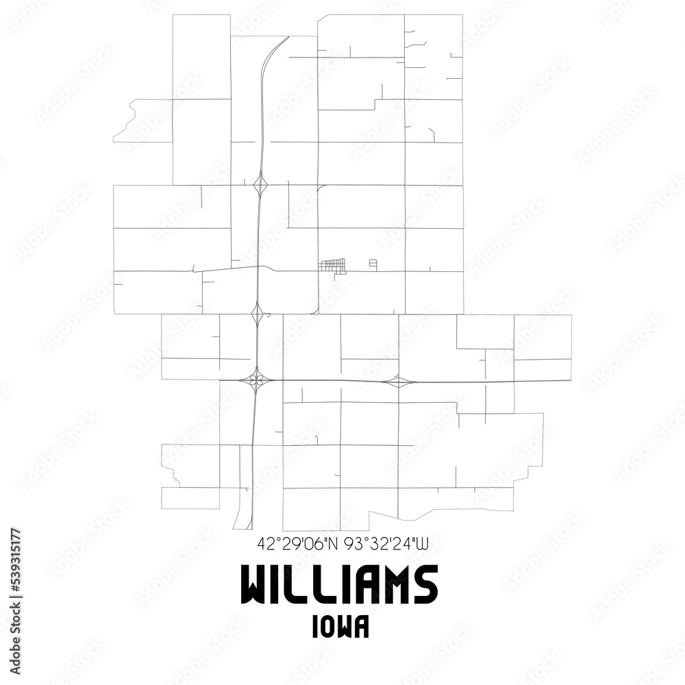 Williams Iowa. US street map with black and white lines.