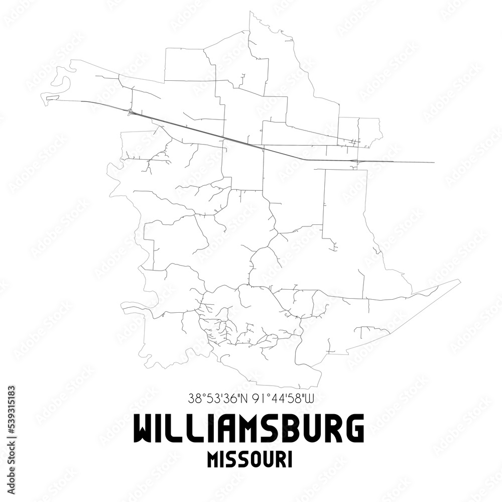 Williamsburg Missouri. US street map with black and white lines.