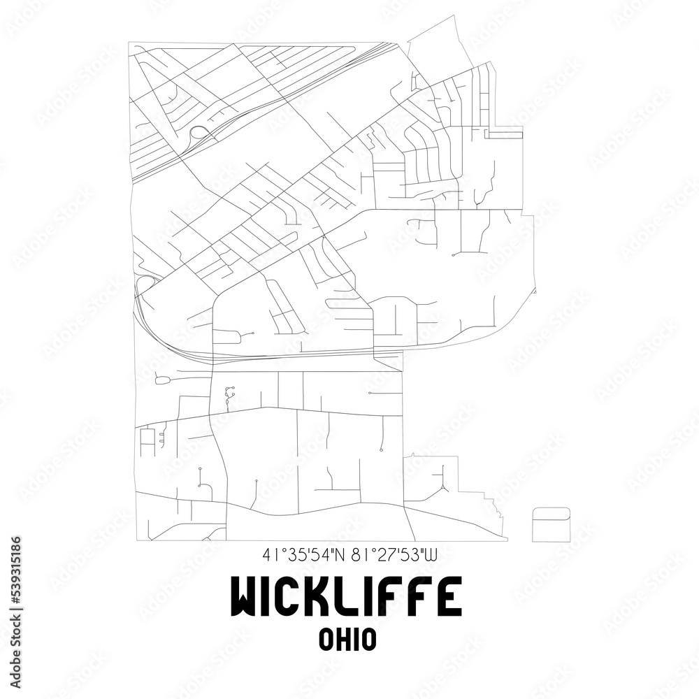 Wickliffe Ohio. US street map with black and white lines.