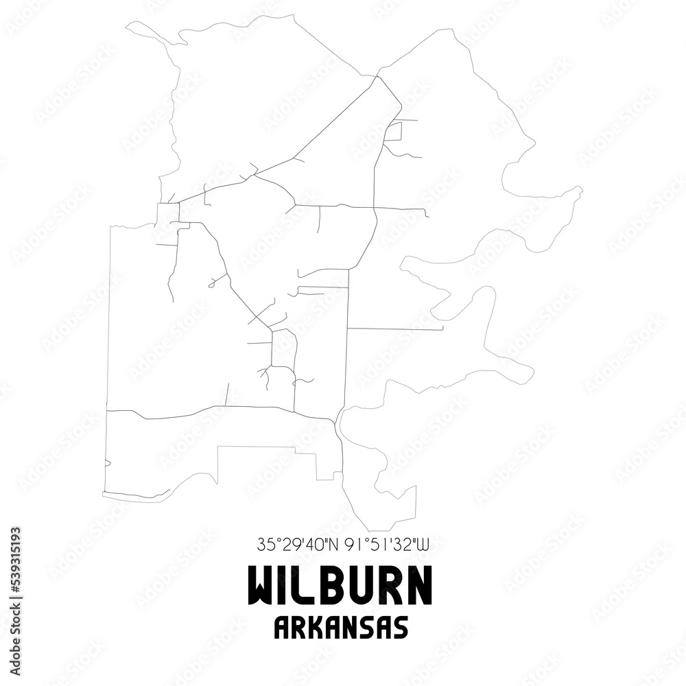Wilburn Arkansas. US street map with black and white lines.