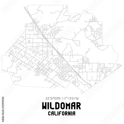 Wildomar California. US street map with black and white lines.
