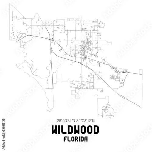Wildwood Florida. US street map with black and white lines.