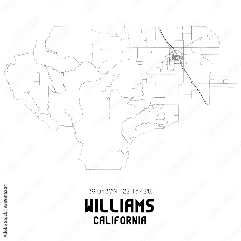 Williams California. US street map with black and white lines.