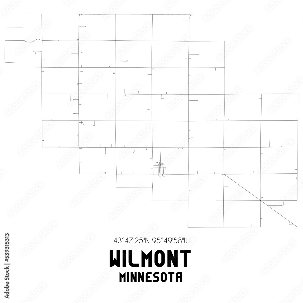 Wilmont Minnesota. US street map with black and white lines.