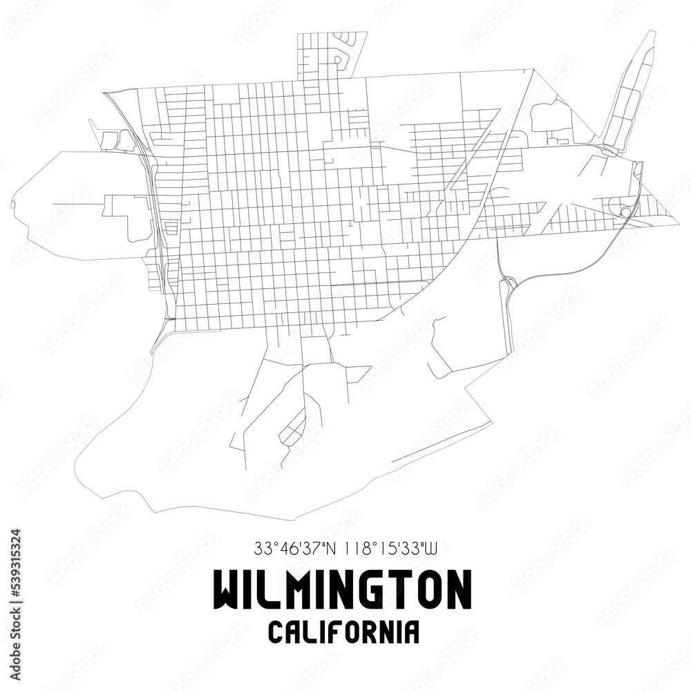 Wilmington California. US street map with black and white lines.