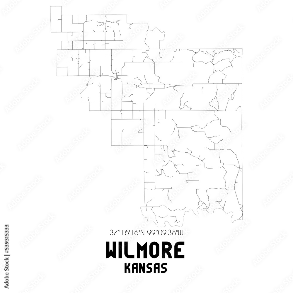 Wilmore Kansas. US street map with black and white lines.