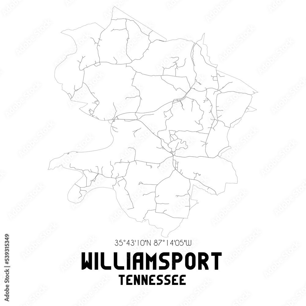 Williamsport Tennessee. US street map with black and white lines.