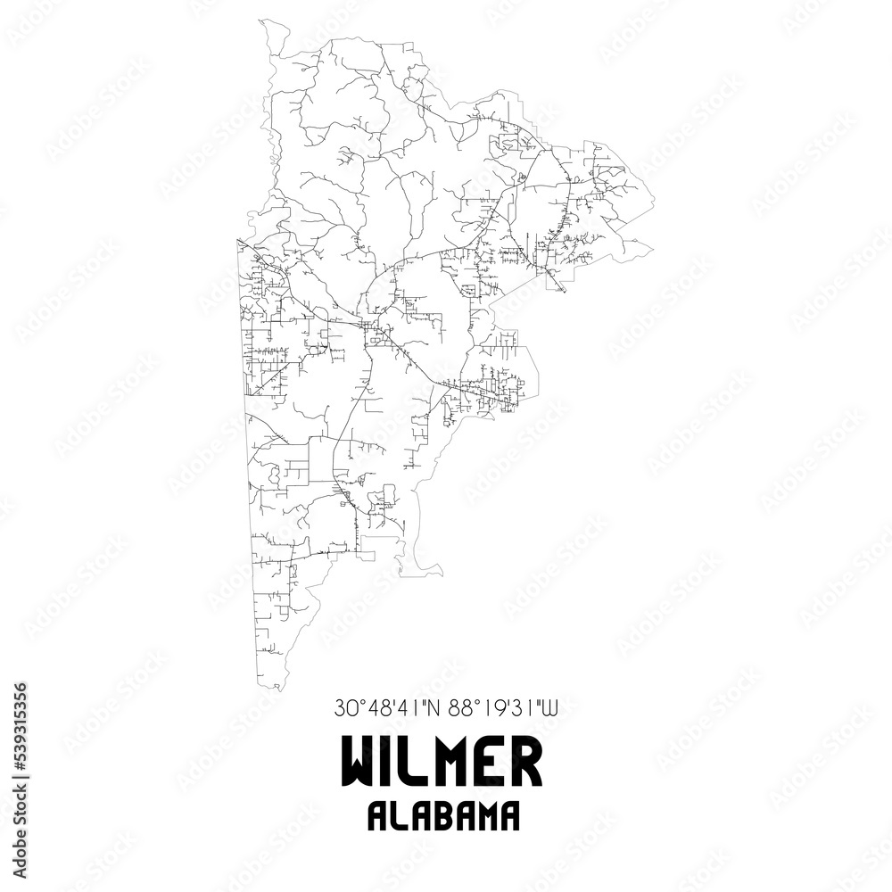 Wilmer Alabama. US street map with black and white lines.
