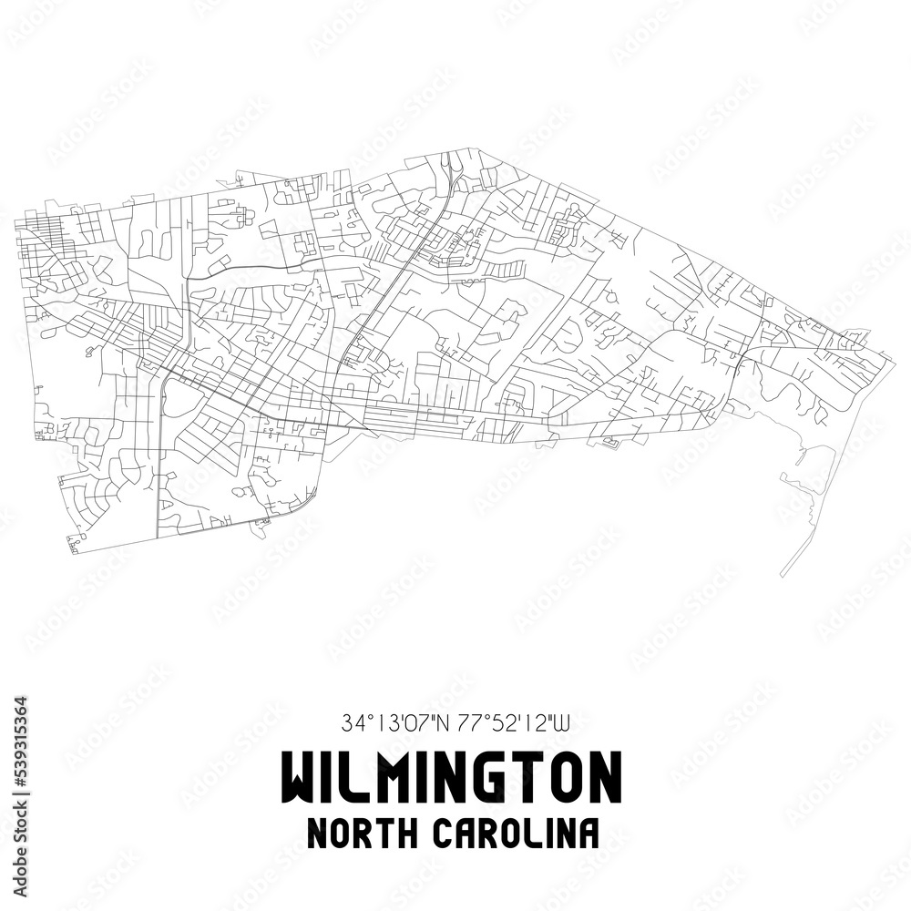Wilmington North Carolina. US street map with black and white lines.