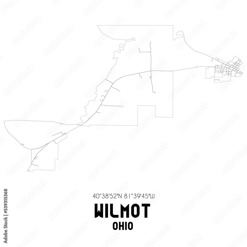 Wilmot Ohio. US street map with black and white lines.