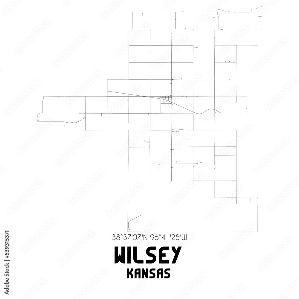 Wilsey Kansas. US street map with black and white lines.