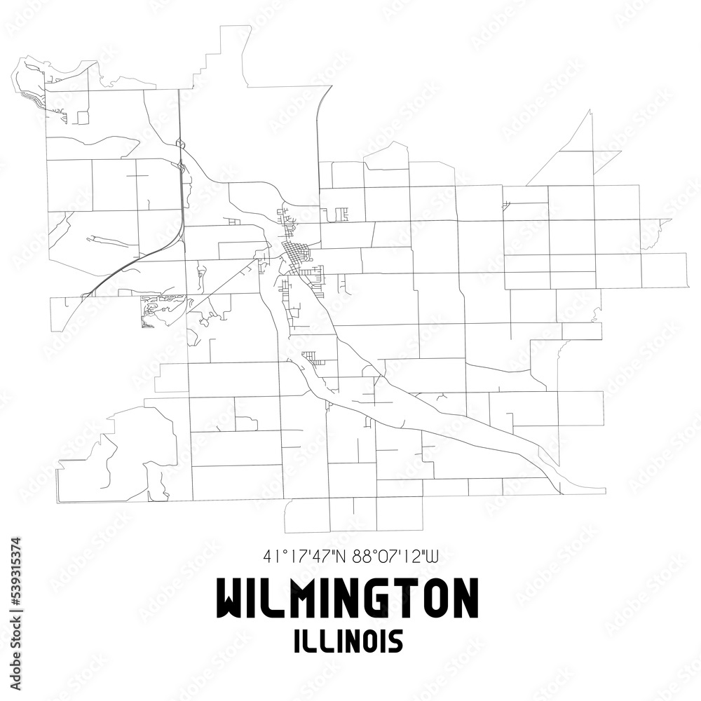 Wilmington Illinois. US street map with black and white lines.