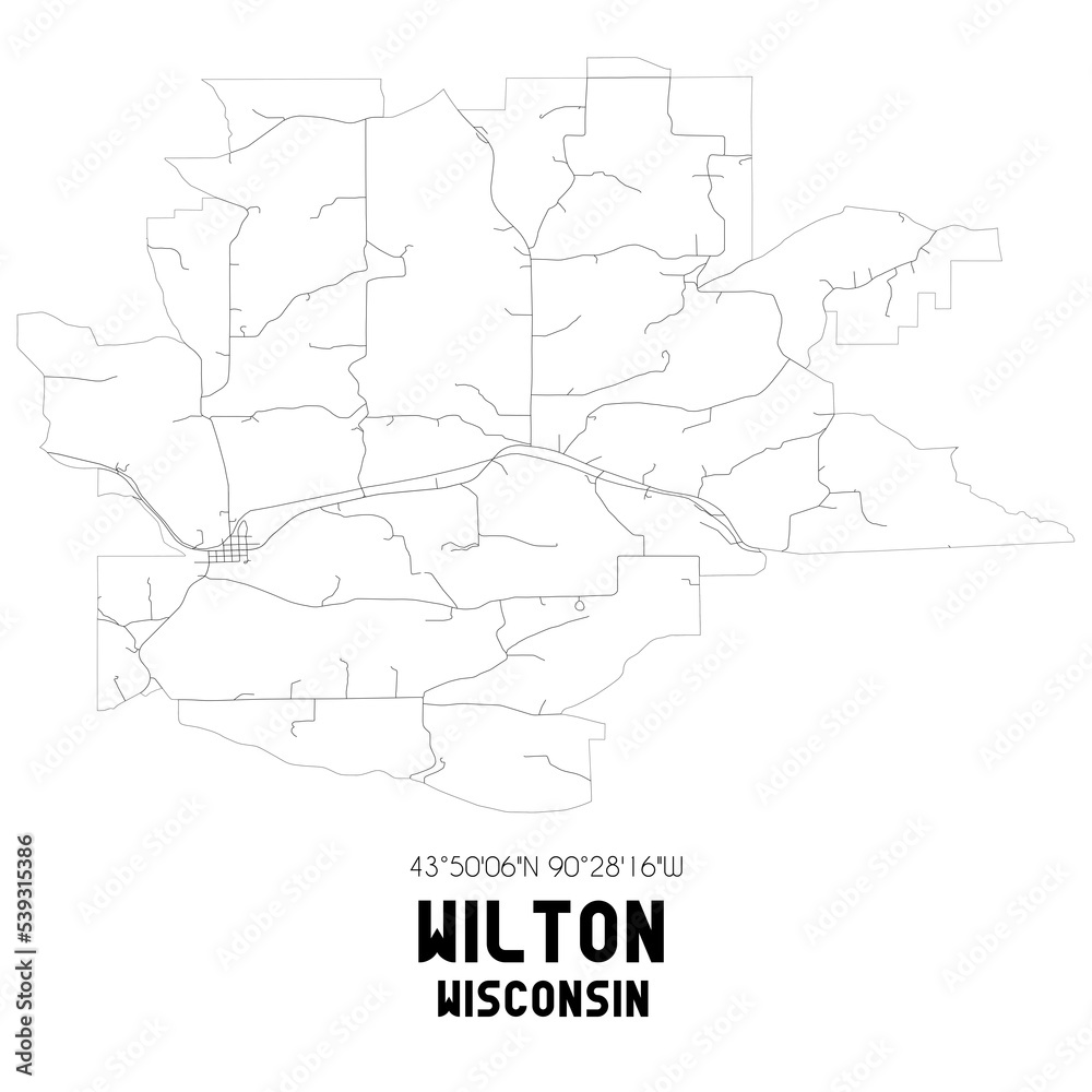 Wilton Wisconsin. US street map with black and white lines.