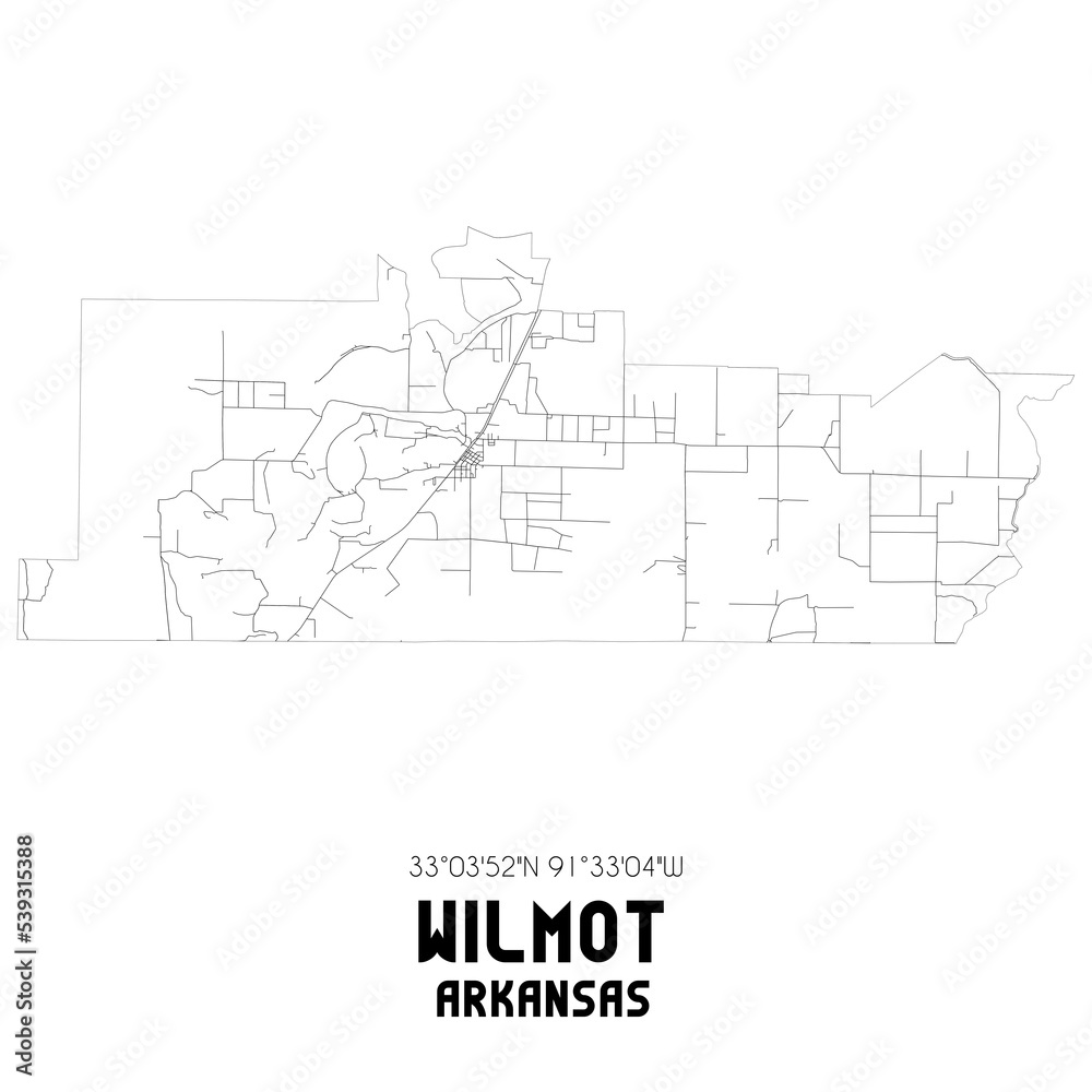 Wilmot Arkansas. US street map with black and white lines.