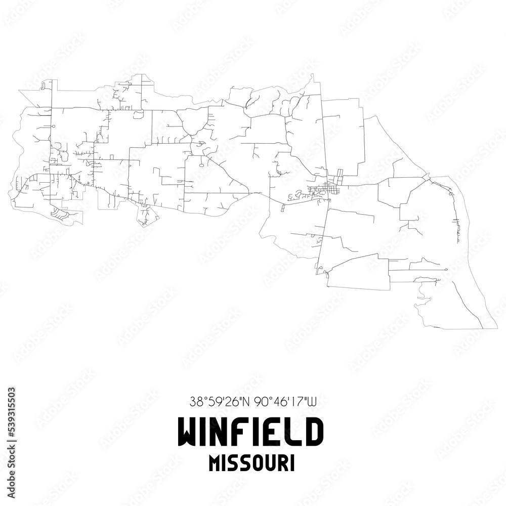 Winfield Missouri. US street map with black and white lines.
