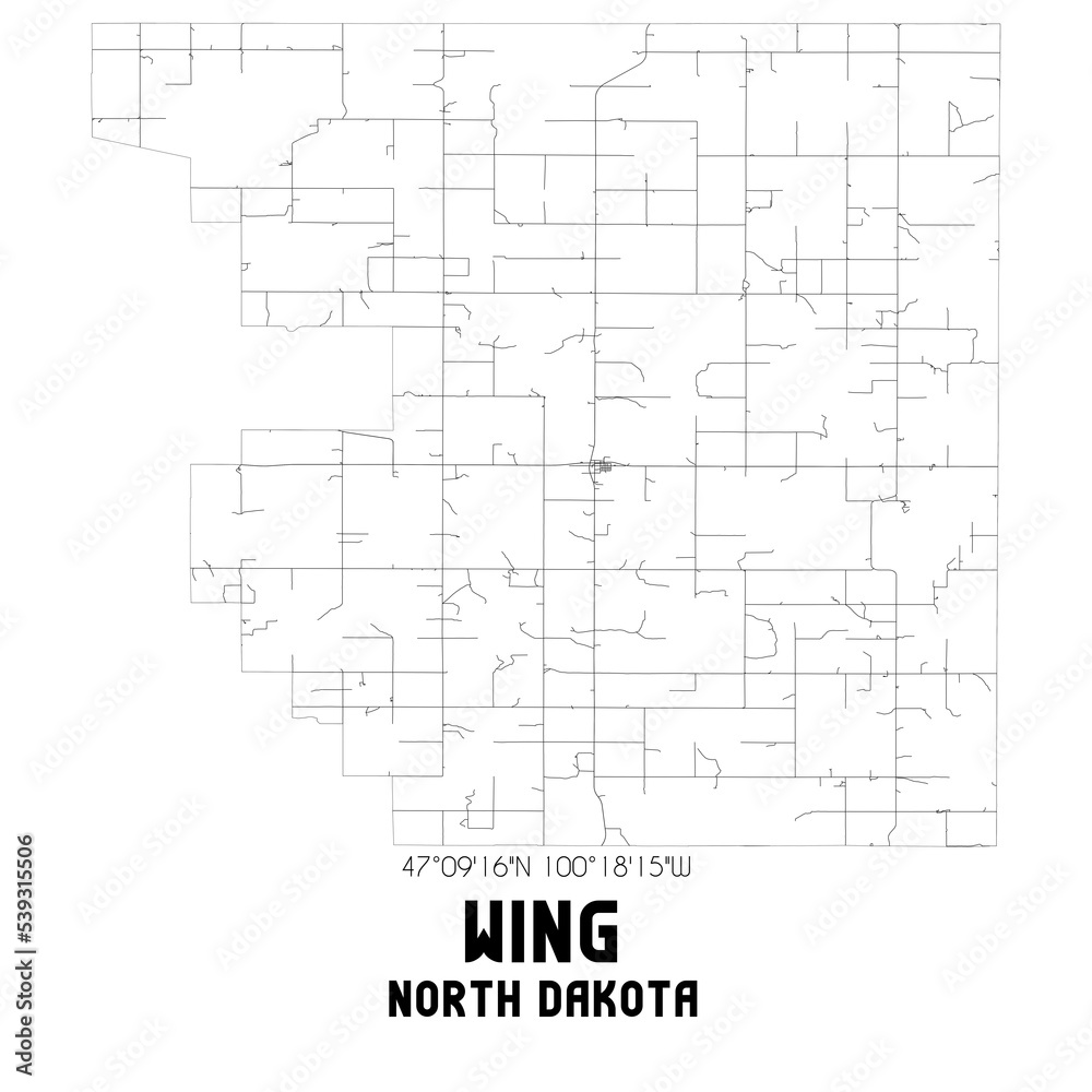 Wing North Dakota. US street map with black and white lines.