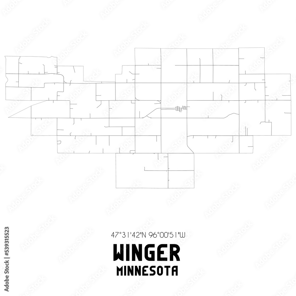 Winger Minnesota. US street map with black and white lines.