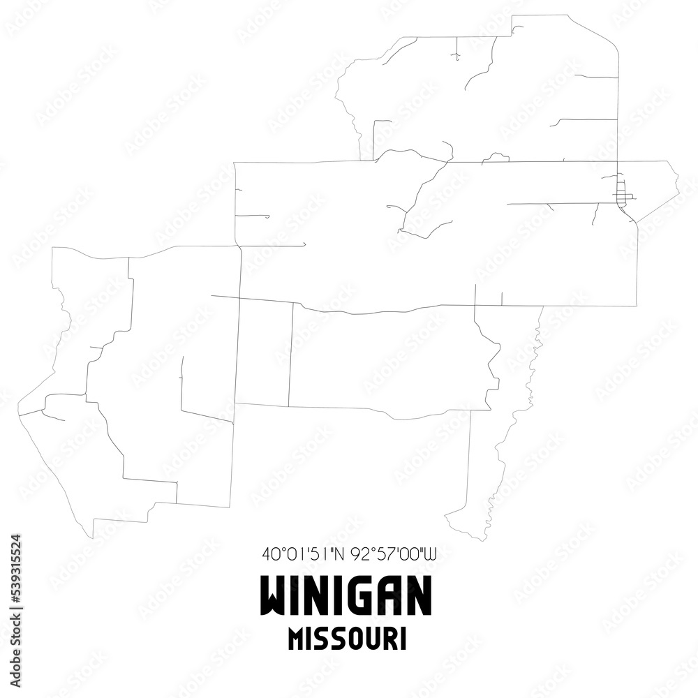 Winigan Missouri. US street map with black and white lines.
