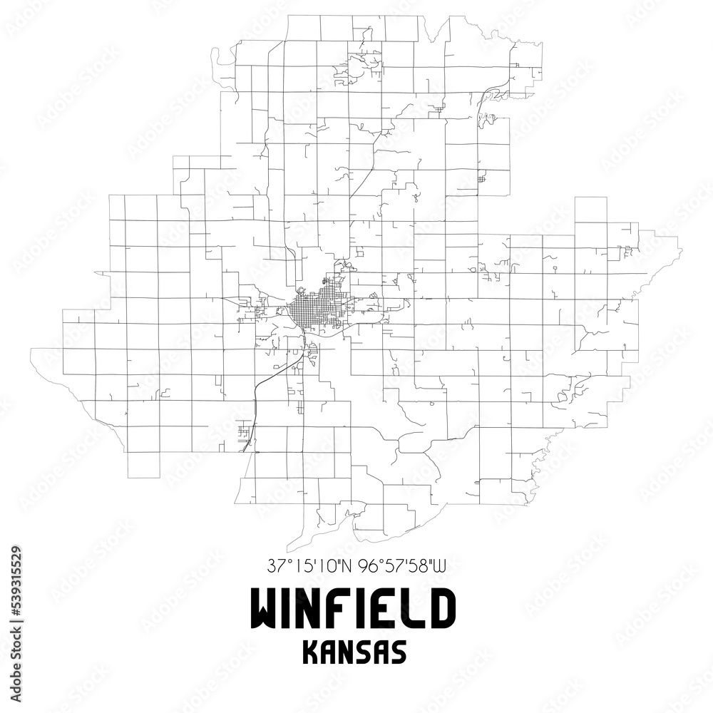 Winfield Kansas. US street map with black and white lines.