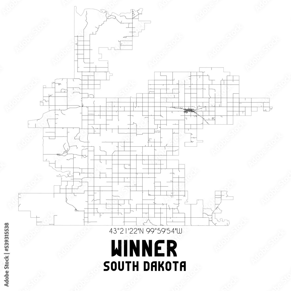 Winner South Dakota. US street map with black and white lines.