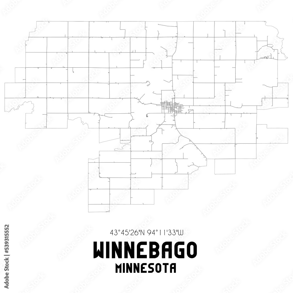 Winnebago Minnesota. US street map with black and white lines.