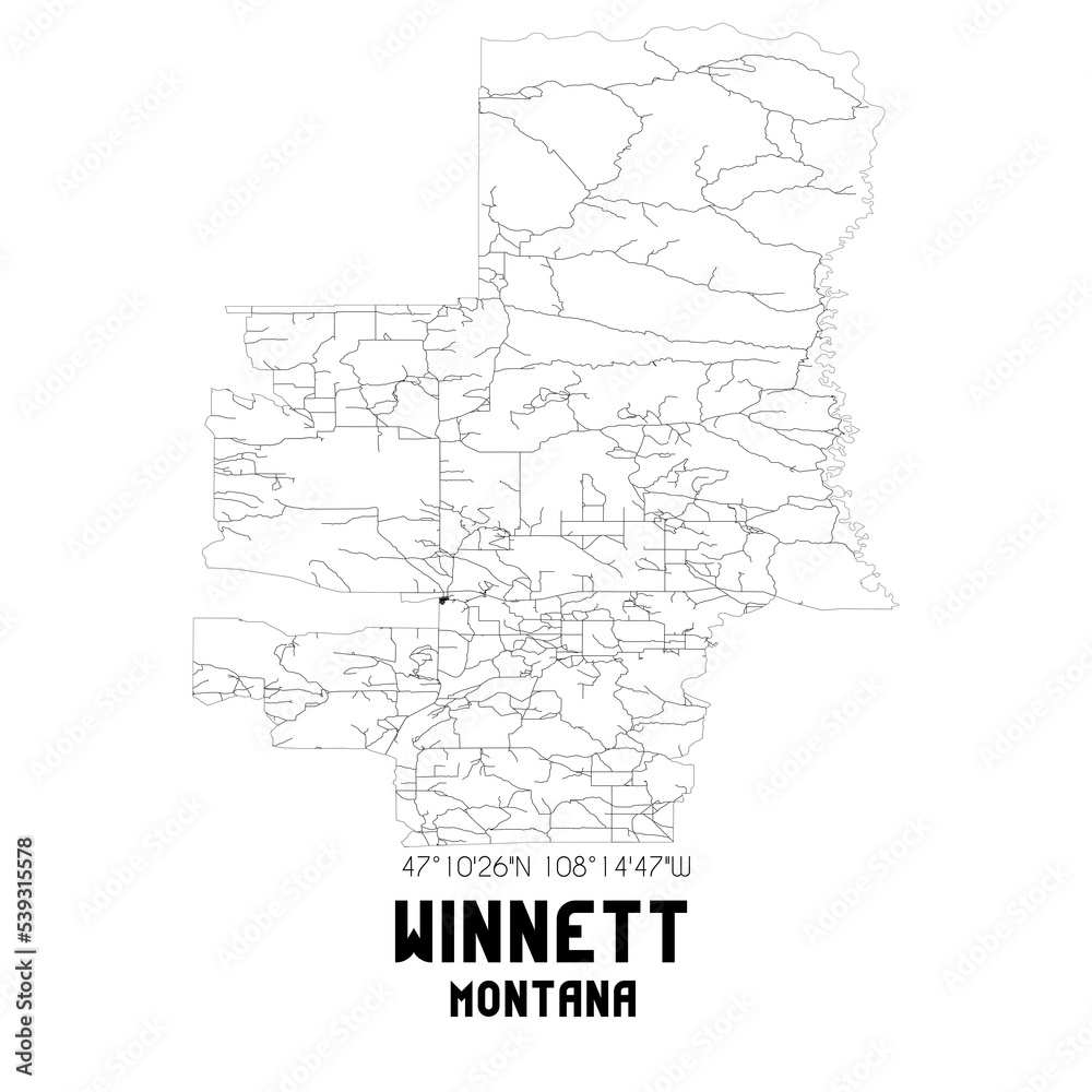 Winnett Montana. US street map with black and white lines.