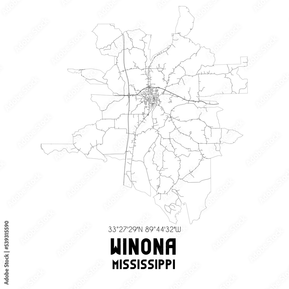 Winona Mississippi. US street map with black and white lines. Winona Mississippi. US street map with black and white lines.