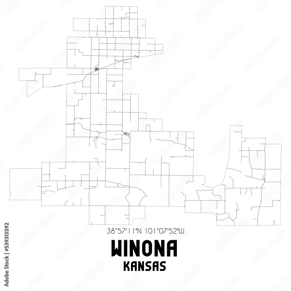 Winona Kansas. US street map with black and white lines.