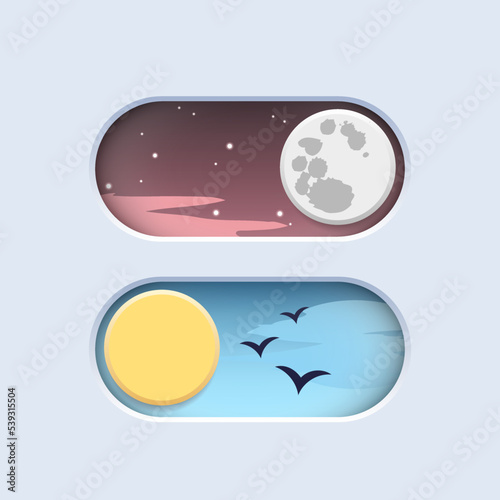 Vector On Off Switch. Day and Night Mode Switcher for Phone Screens. Toggle Element for Mobile App, Web Design, Animation. Light and Dark Buttons. Birds during the day, starry sky at night. Themes