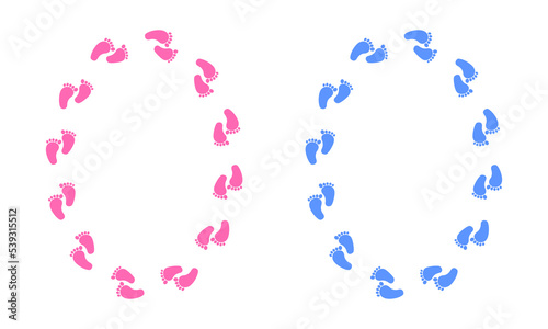 Oval frames with boy and girl footprints. Template for baby shower, gender reveal, pregnancy or newborn welcome party invitation or greeting card, photo, picture, banner. Vector flat illustration