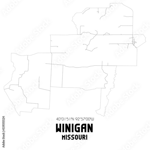 Winigan Missouri. US street map with black and white lines.