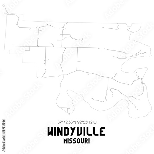 Windyville Missouri. US street map with black and white lines.
