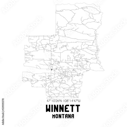 Winnett Montana. US street map with black and white lines.