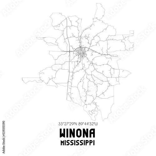 Winona Mississippi. US street map with black and white lines.