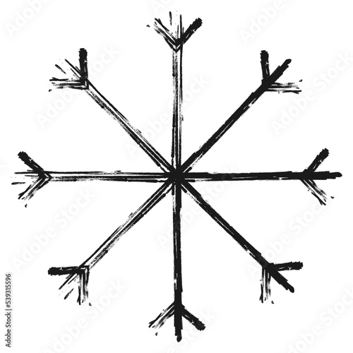 Abstract silhouette image of snowflake with brush strokes in doodle style. Hand drawn. Icon. Isolate