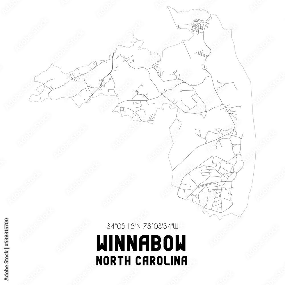 Winnabow North Carolina. US street map with black and white lines.