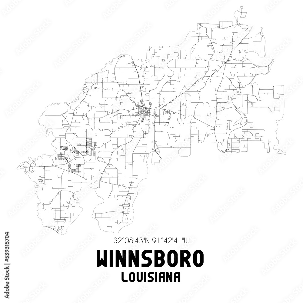 Winnsboro Louisiana. US street map with black and white lines.