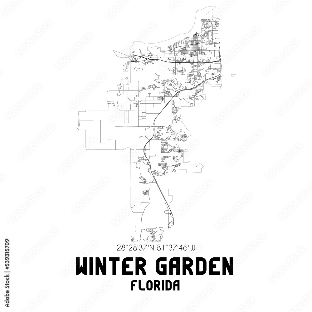 Winter Garden Florida. US street map with black and white lines.