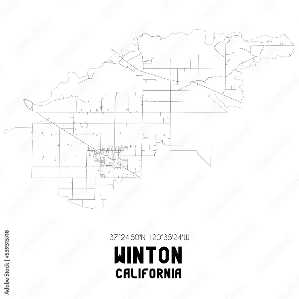 Winton California. US street map with black and white lines.
