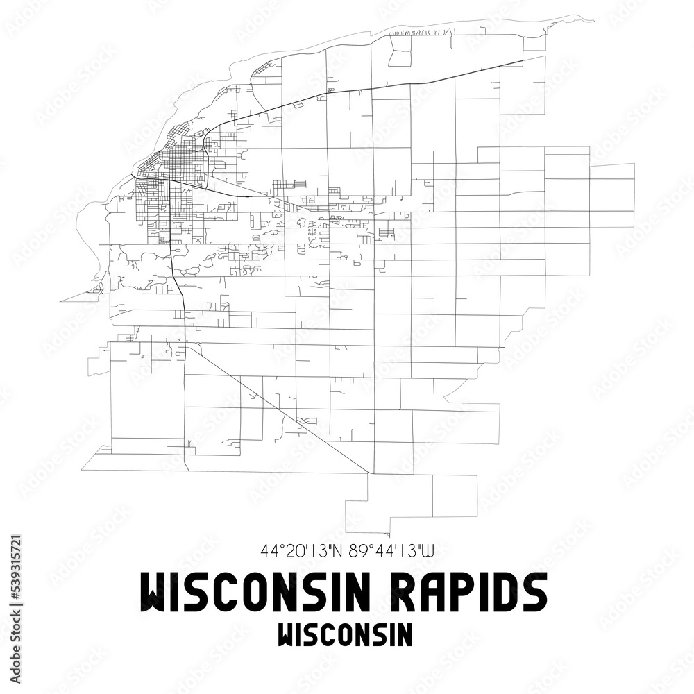 Wisconsin Rapids Wisconsin. US street map with black and white lines.
