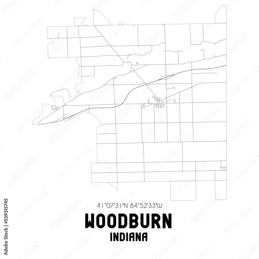 Woodburn Indiana. US street map with black and white lines.