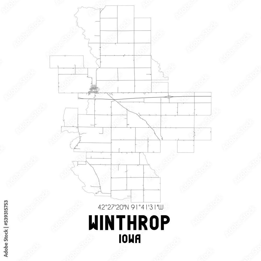 Winthrop Iowa. US street map with black and white lines.