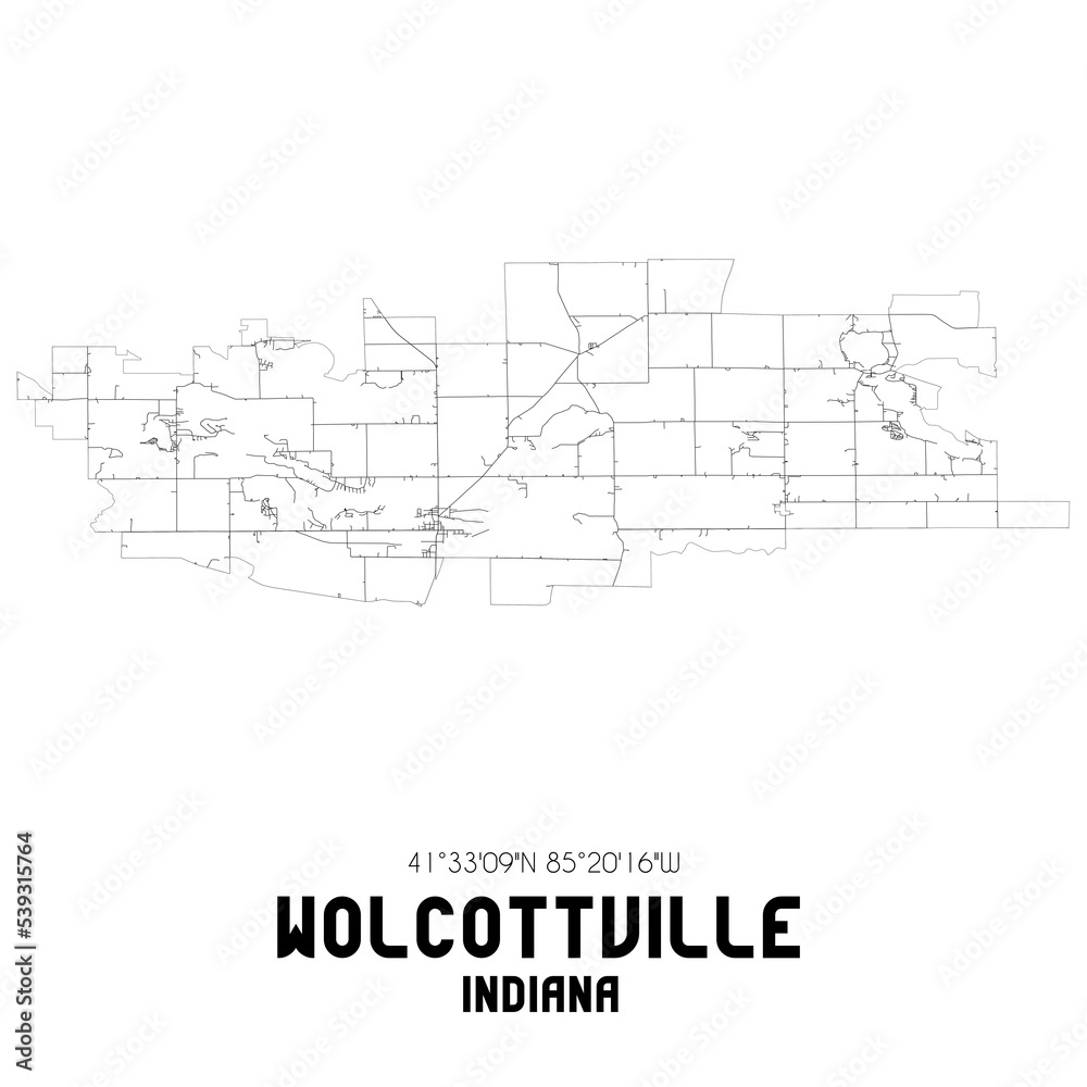 Wolcottville Indiana. US street map with black and white lines.