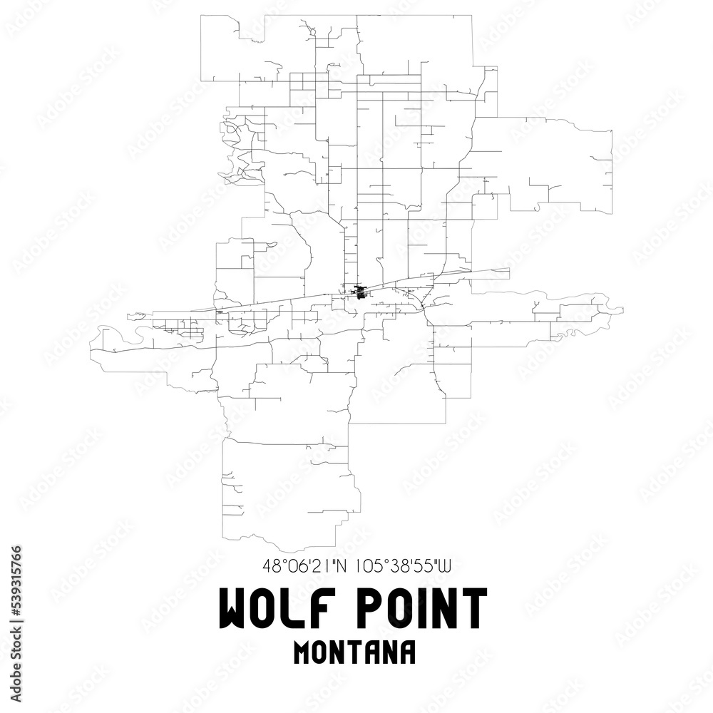 Wolf Point Montana. US street map with black and white lines.