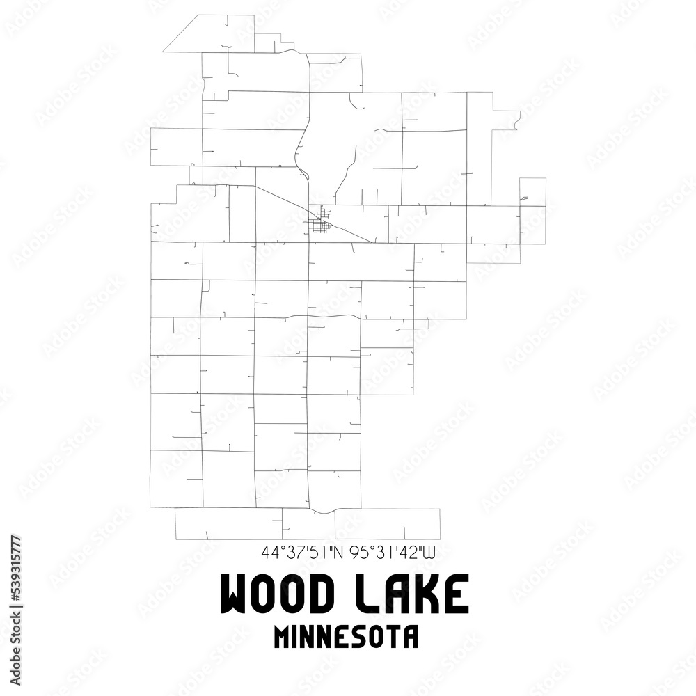 Wood Lake Minnesota. US street map with black and white lines.