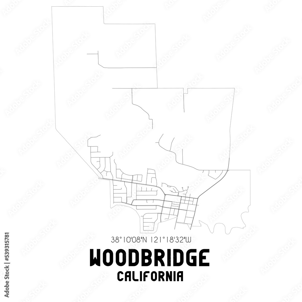 Woodbridge California. US street map with black and white lines.