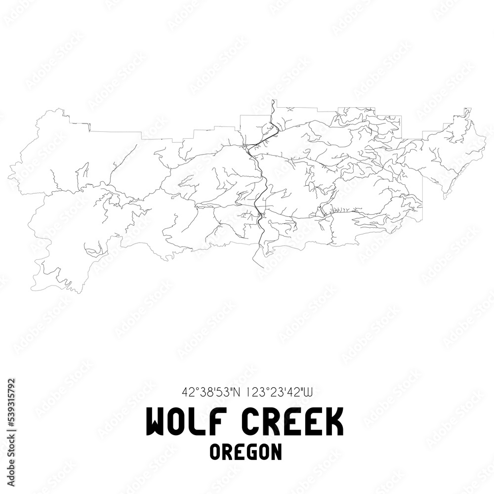 Wolf Creek Oregon. US street map with black and white lines.