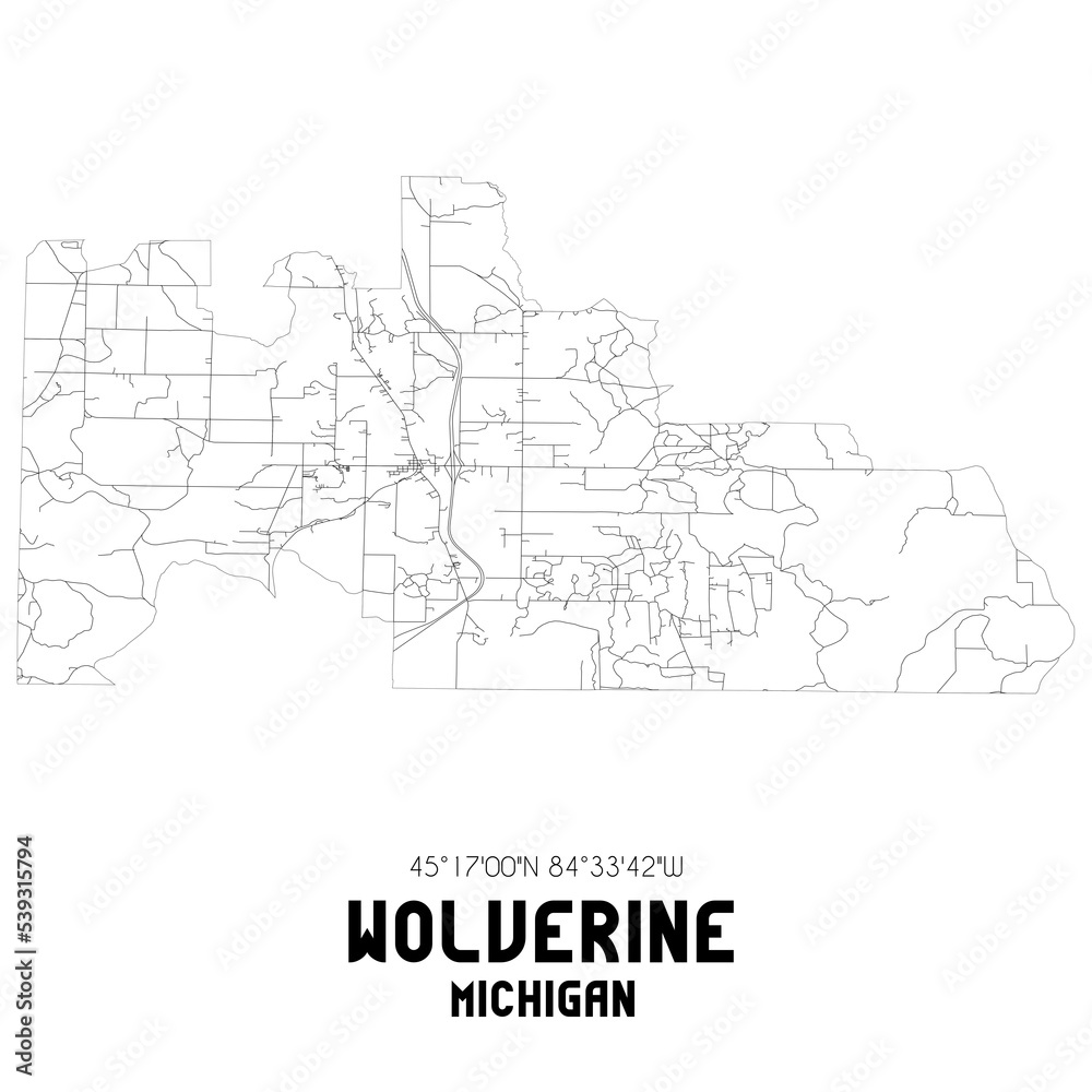 Wolverine Michigan. US street map with black and white lines.